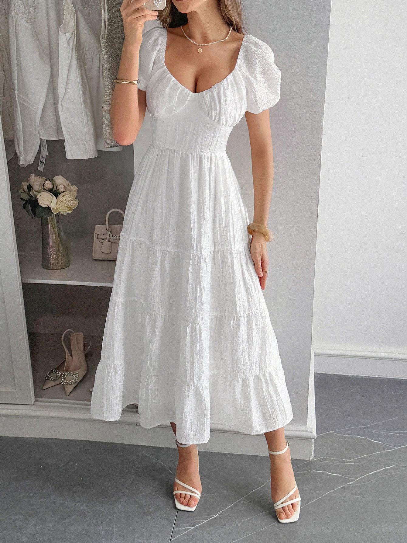 Spring-Summer Elegant Holiday Solid Short-Sleeve Maxi Dress for Women 7
