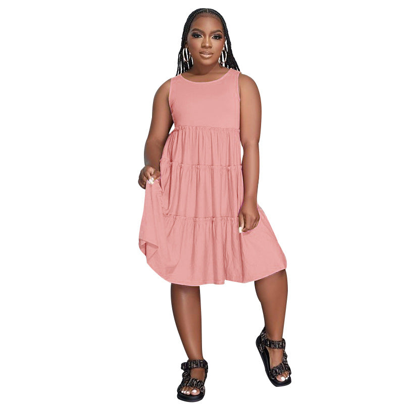 Summer Solid Round Neck Sleeveless Casual Women's Fashion Pleated Casual Dress 16