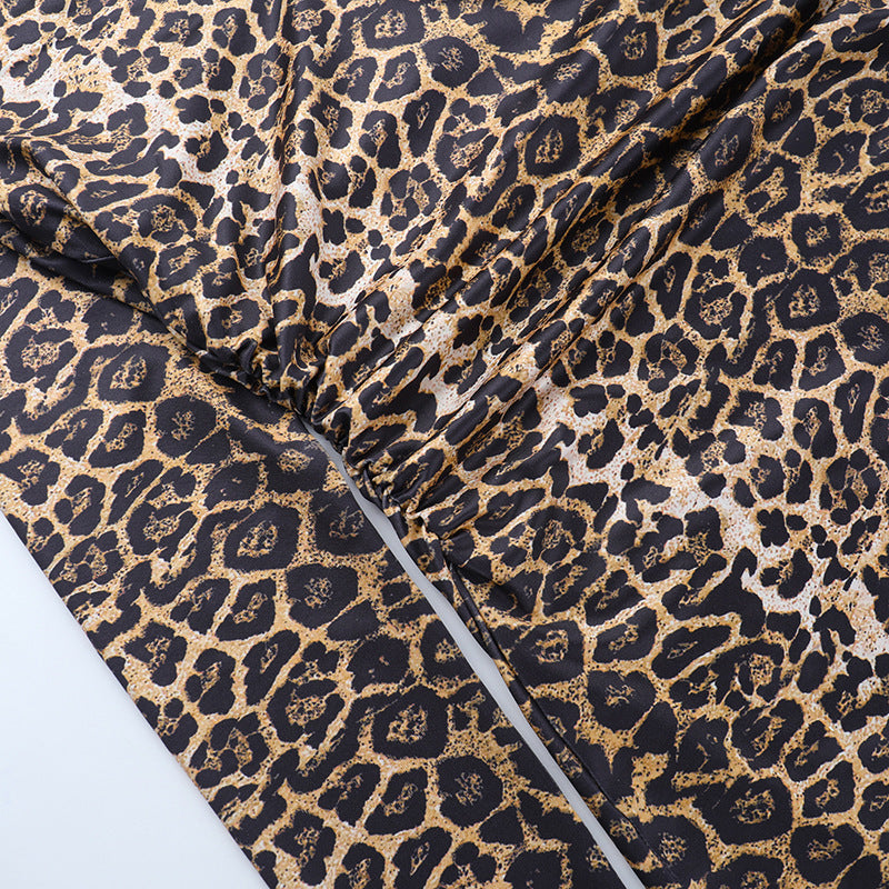 Women Fall V-Neck Leopard Print Crossover Lace-Up Dress 12