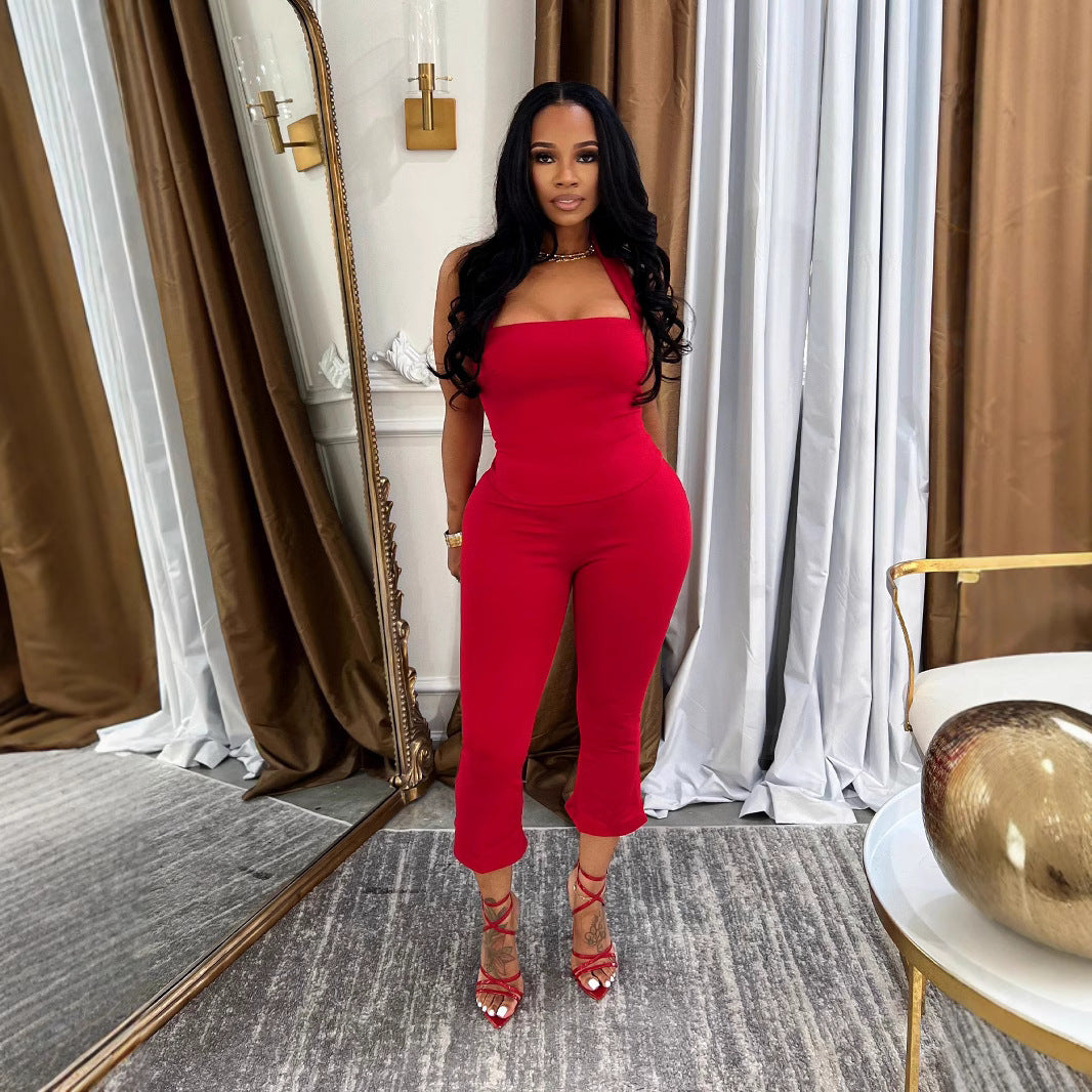 Women Summer Strapless Halter Neck Top and Solid Pants Two Piece Set 6