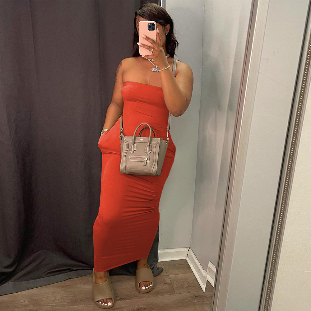 Women's Sexy Solid Color Strapless Dress Fashion Chic Long Dress 3