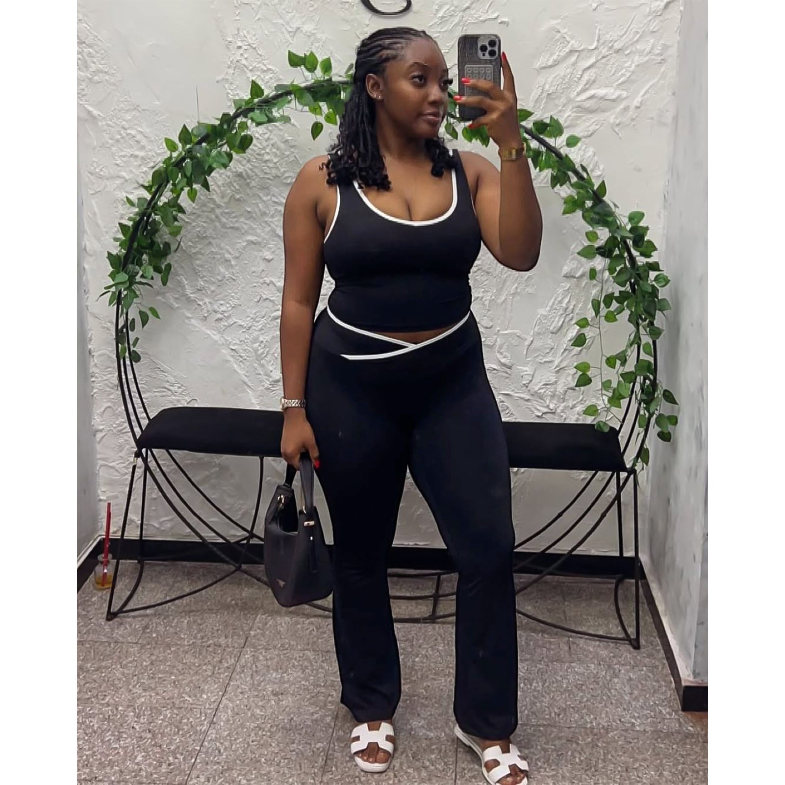 Women Yoga Contrast Color Cross Bell Bottom Pants Two-piece Set 13