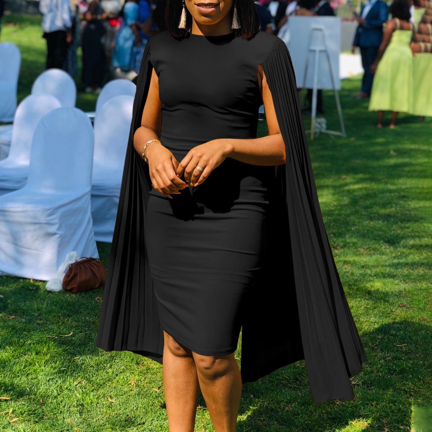 Women's Fashion Solid Color Round Neck Pleated Shawl Sleeve Formal Party Evening Dress 7