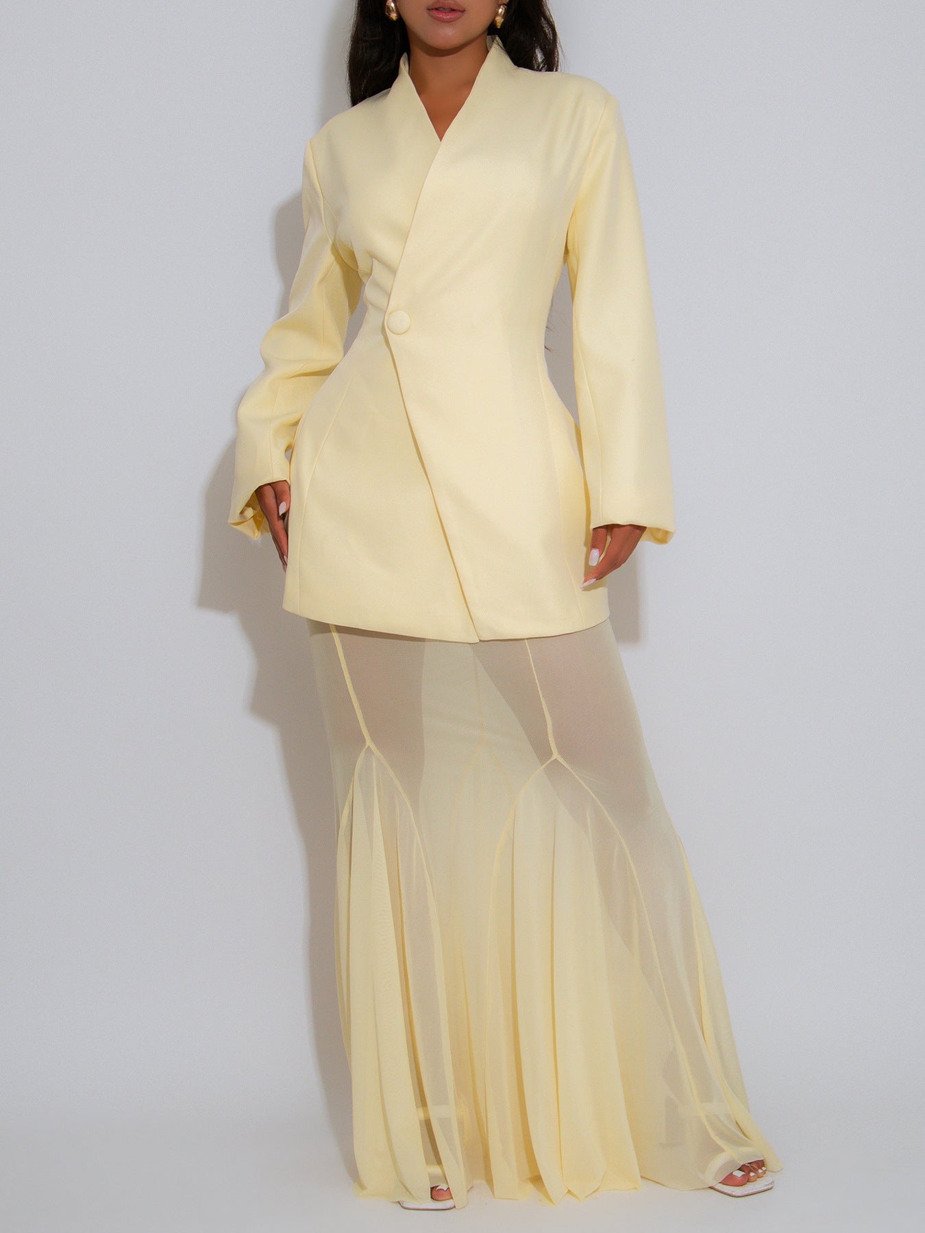 Women elegant autumn solid blazer and mesh two-piece skirt 3