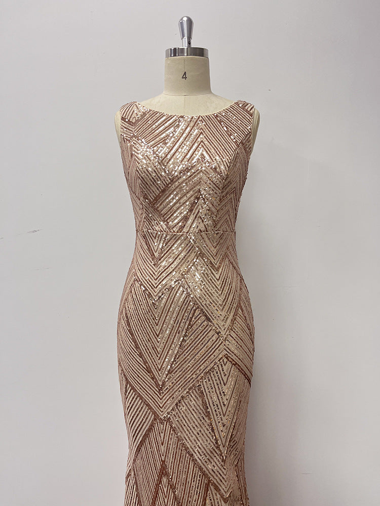 Women's Sleeveless Round Neck Luxury Rose Gold Party Dress Mermaid Glitter Long Plus Size Evening Gown 12
