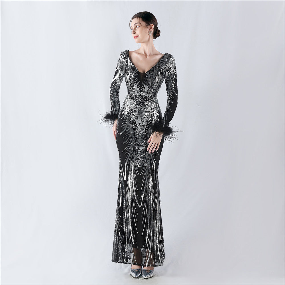 Women Positioning Flower Ostrich Feather Evening Dress