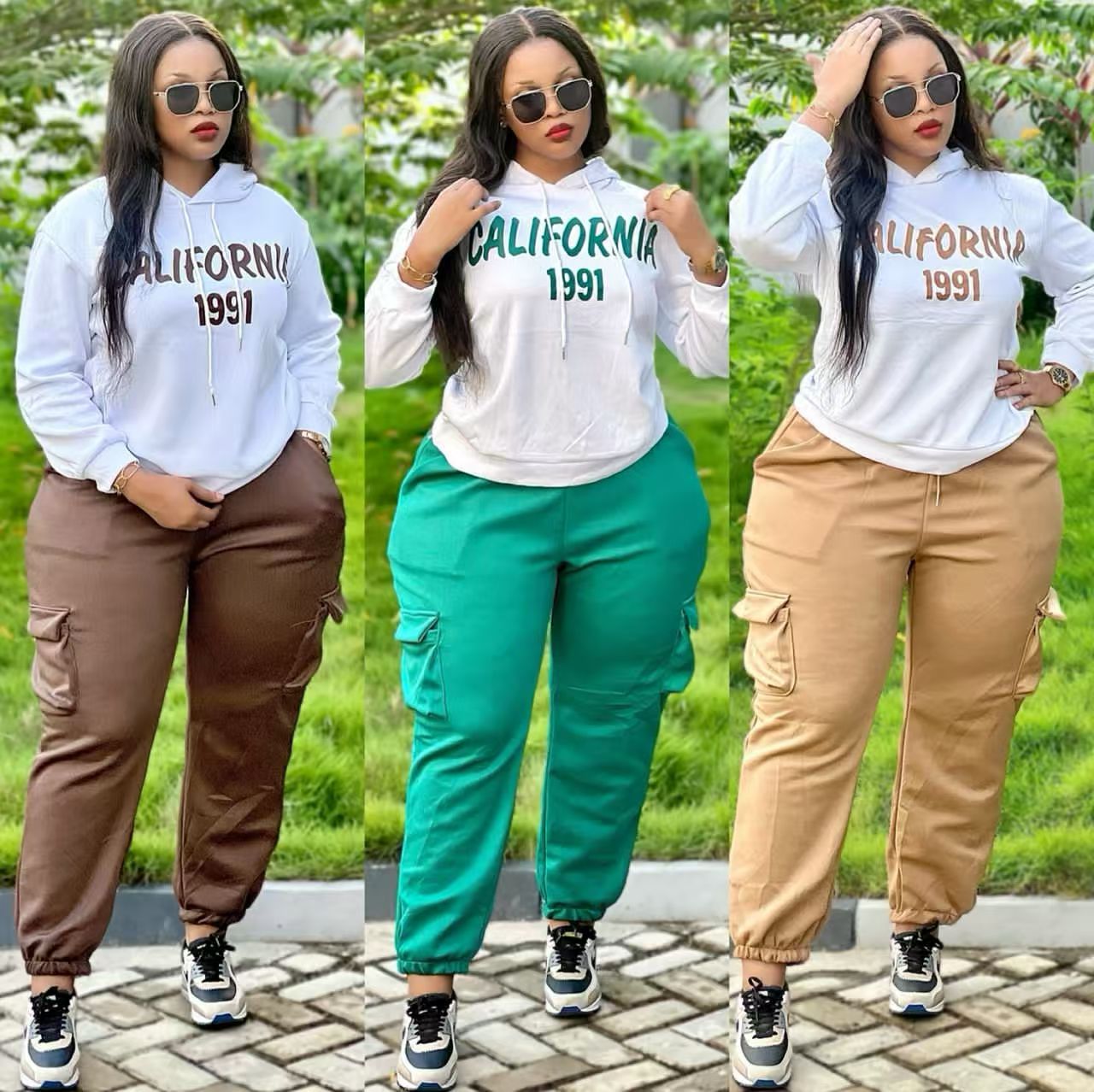 Women Casual Printed Hoodies and Cargo Pants Two-piece Set 14