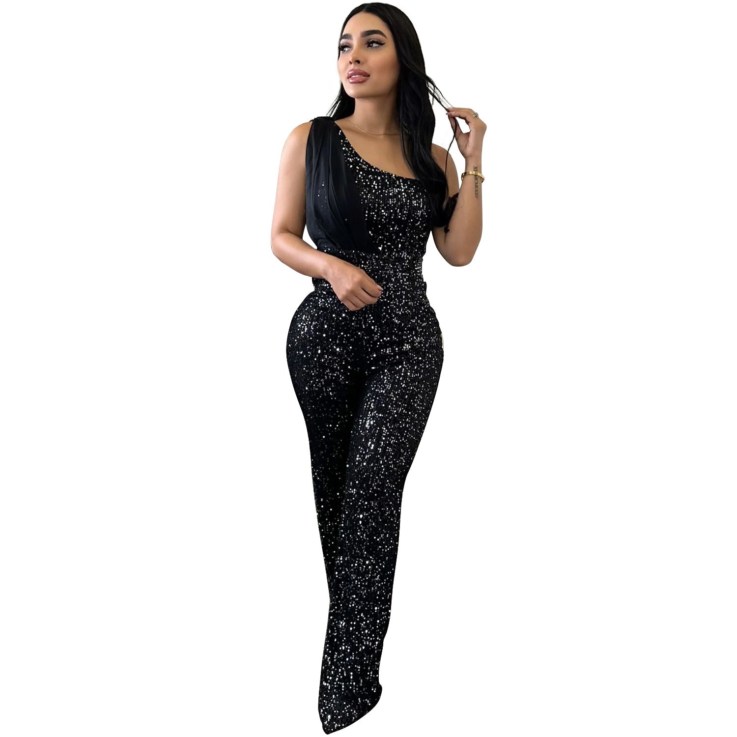 Women Solid Sleeveless One Shoulder Sequin Jumpsuit 11