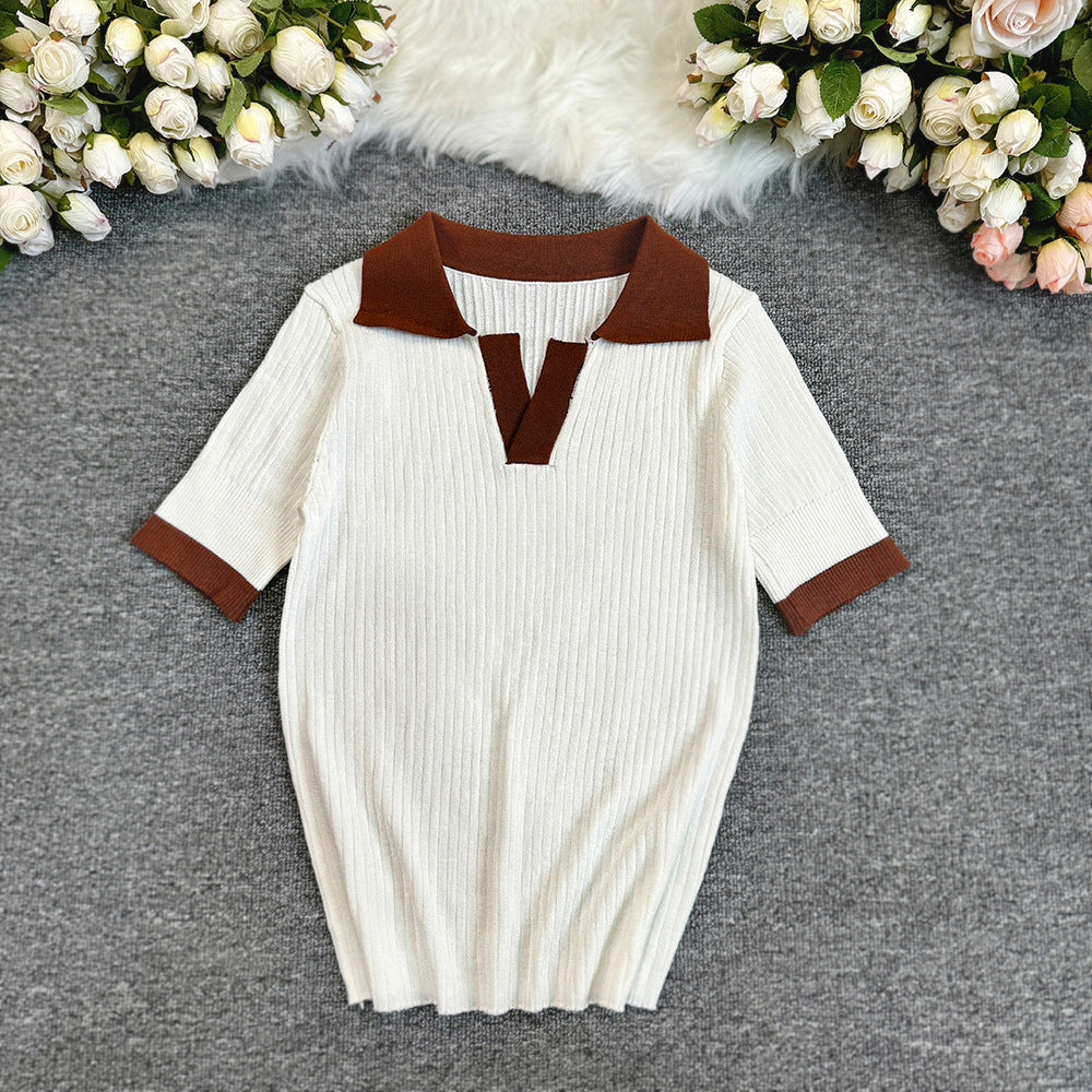 Women French Polo Neck Contrast Knittin Summer Short Sleeve Top 5