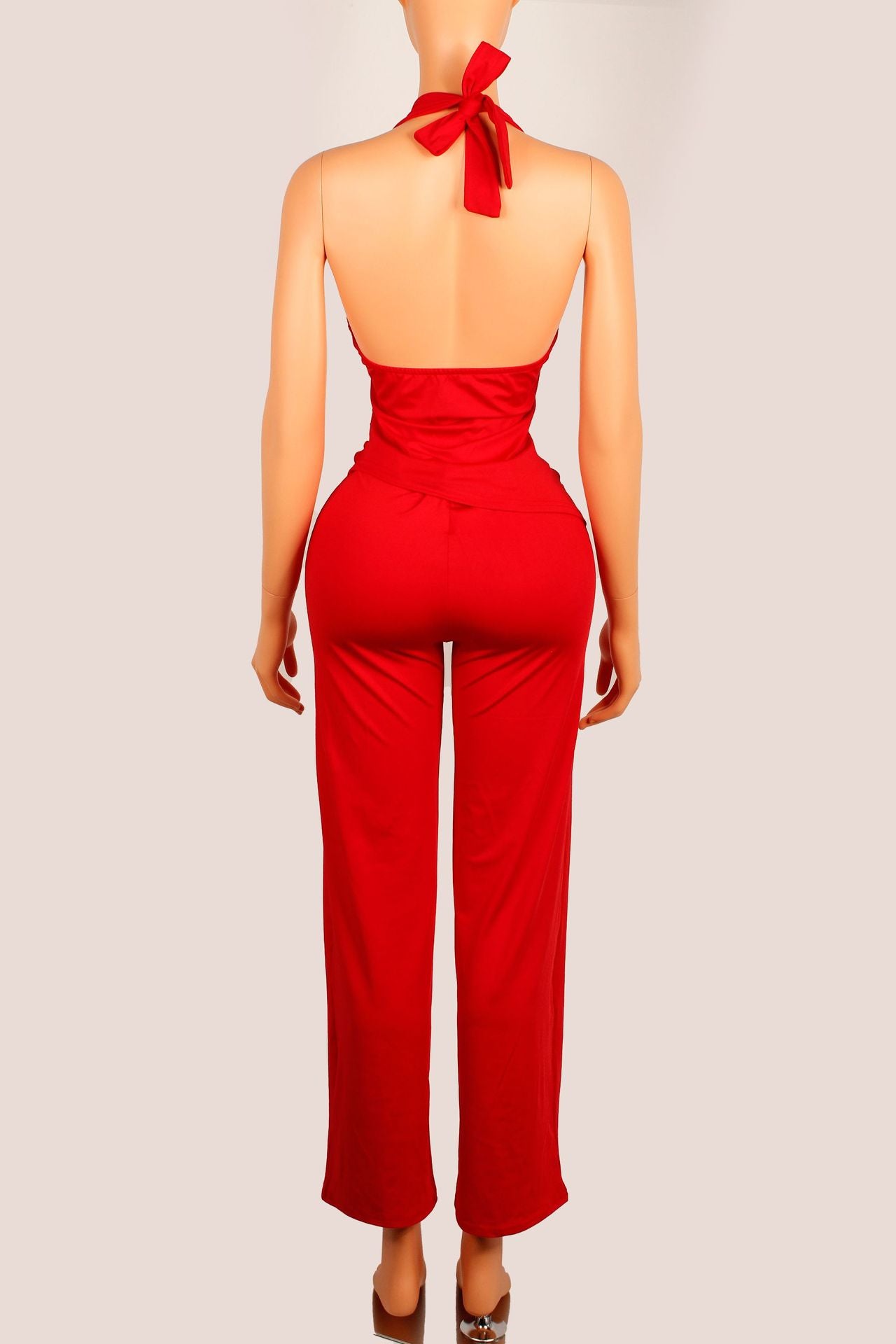 Women Solid Sexy Halter Neck Lace-Up Jumpsuit 6