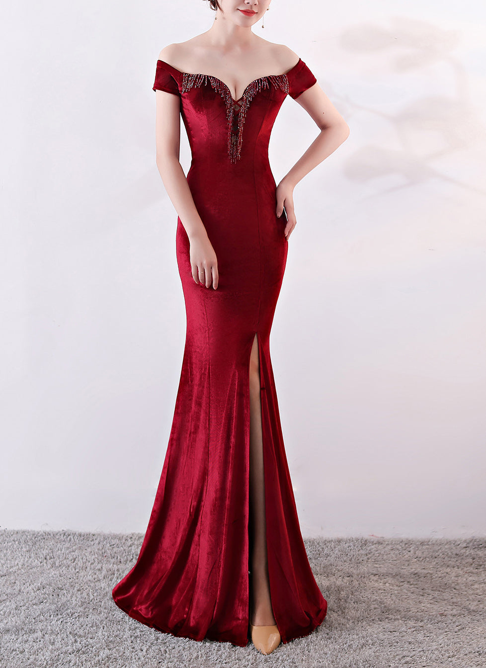 sexy off shoulder mermaid long velvet Formal Party evening dress 6
