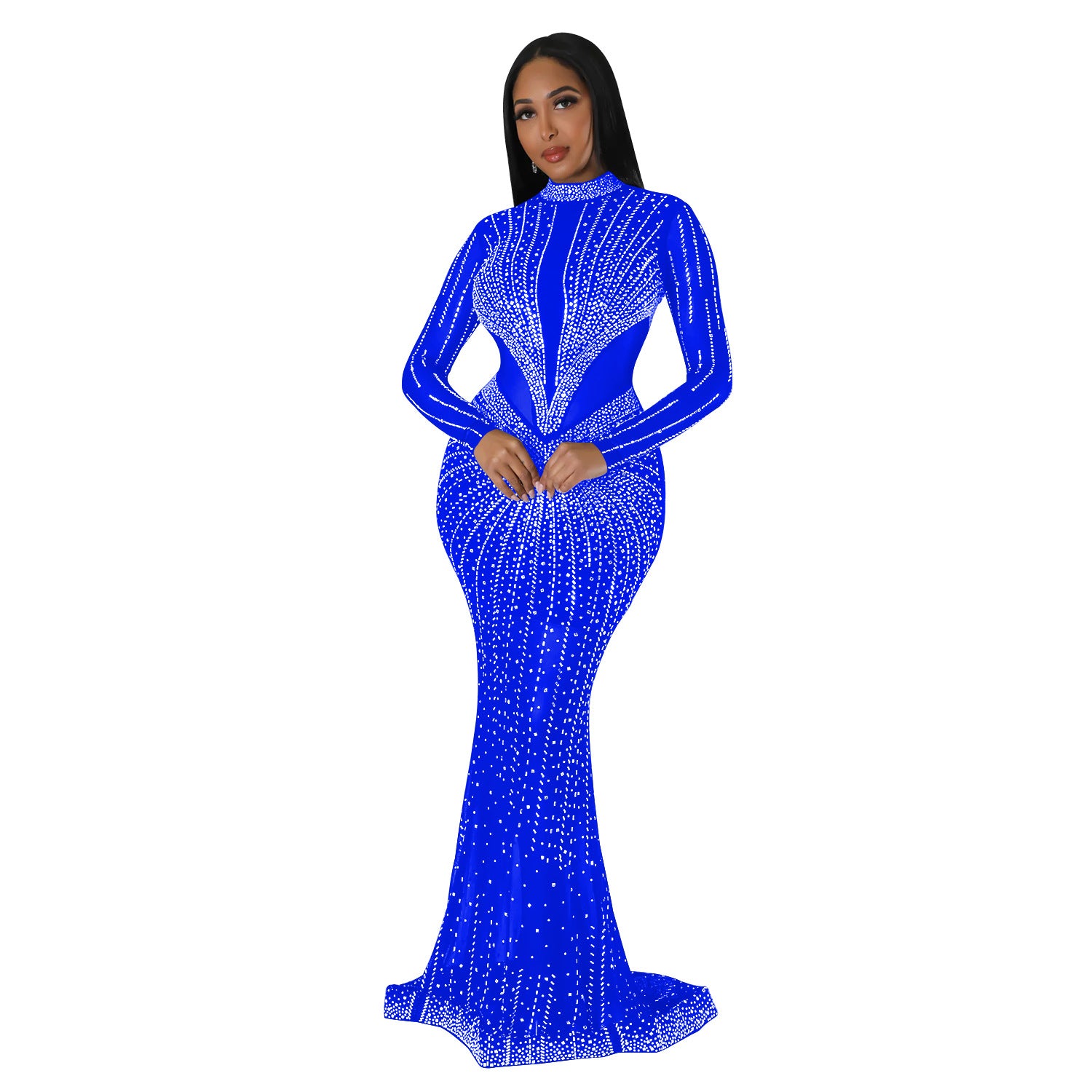Women's Fashion Solid Color Mesh Beaded Long Sleeve Maxi Dress 12