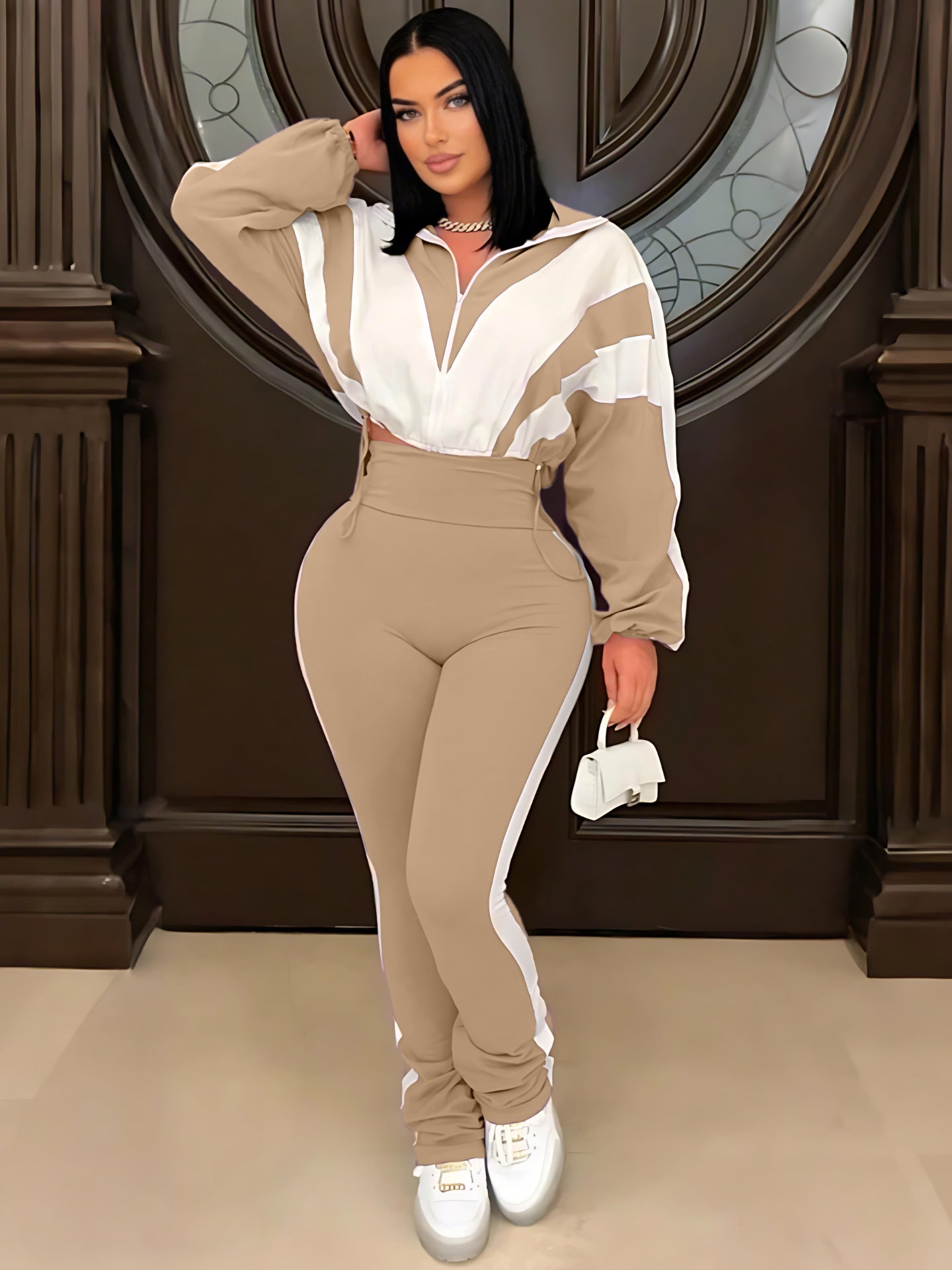 Contrast Color Patchwork High-Waist Sporty Two-Piece Pants Set 10