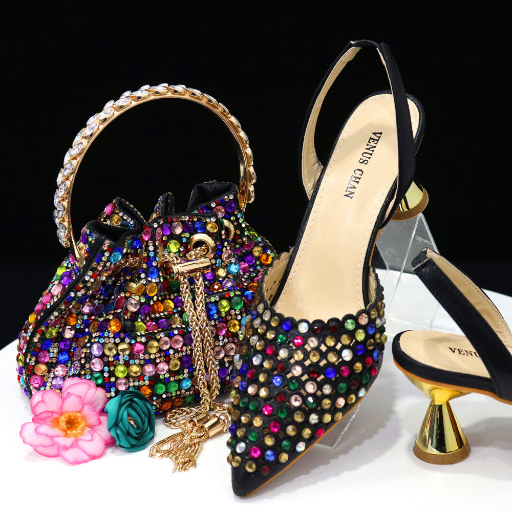 Colorful Rhinestone Bucket Handbag Paired With Pointed Toe Women's Medium Heel Shoes 12