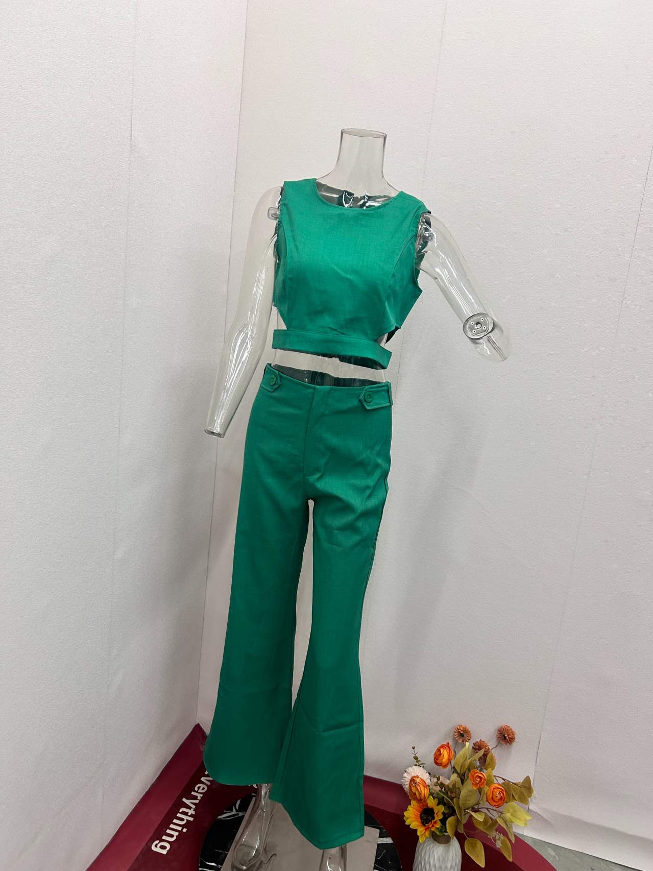 Women Casual Chic Solid Button Top and Pant Two-piece Set 8