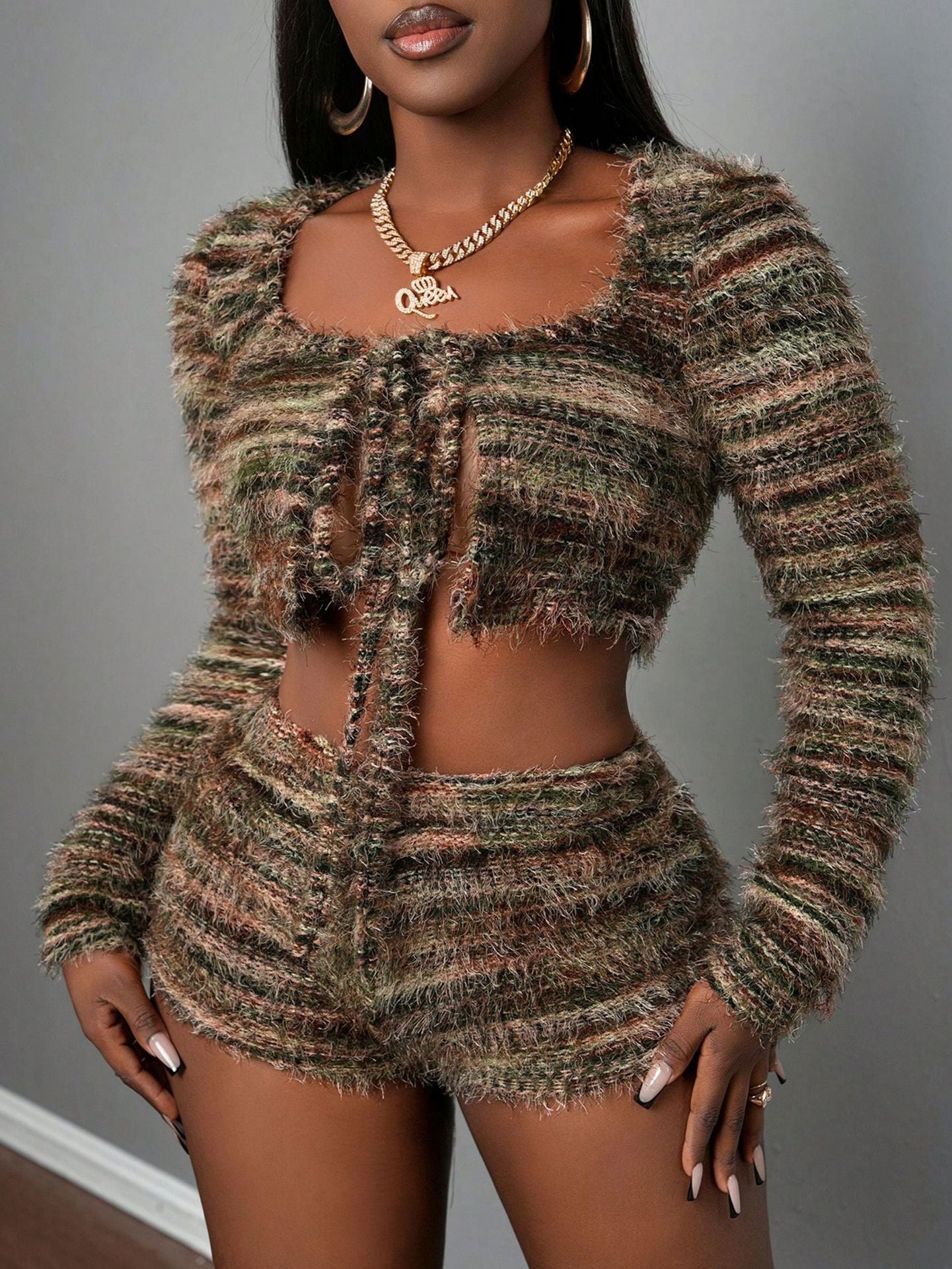 Fashion Women's Spring Summer Fur Crop Lace-Up Long Sleeve Cropped Top Shorts Sexy Two-Piece Set 7