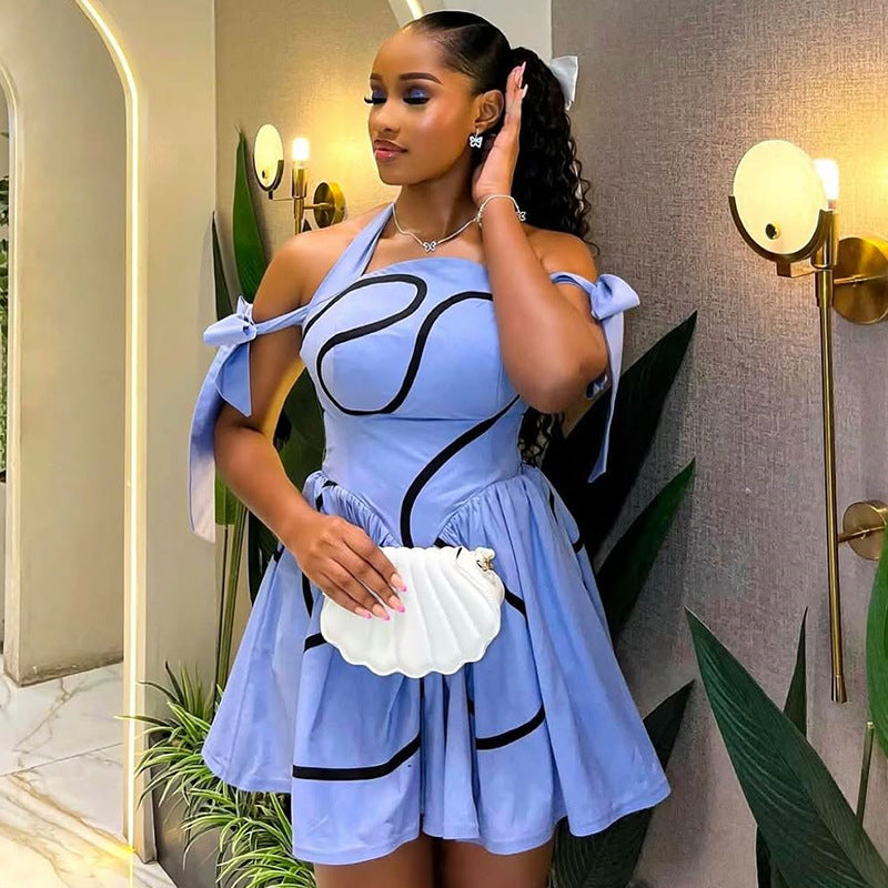 Women Summer Halter Neck Printed Lace-up Off-shoulder Pleated Dress 7