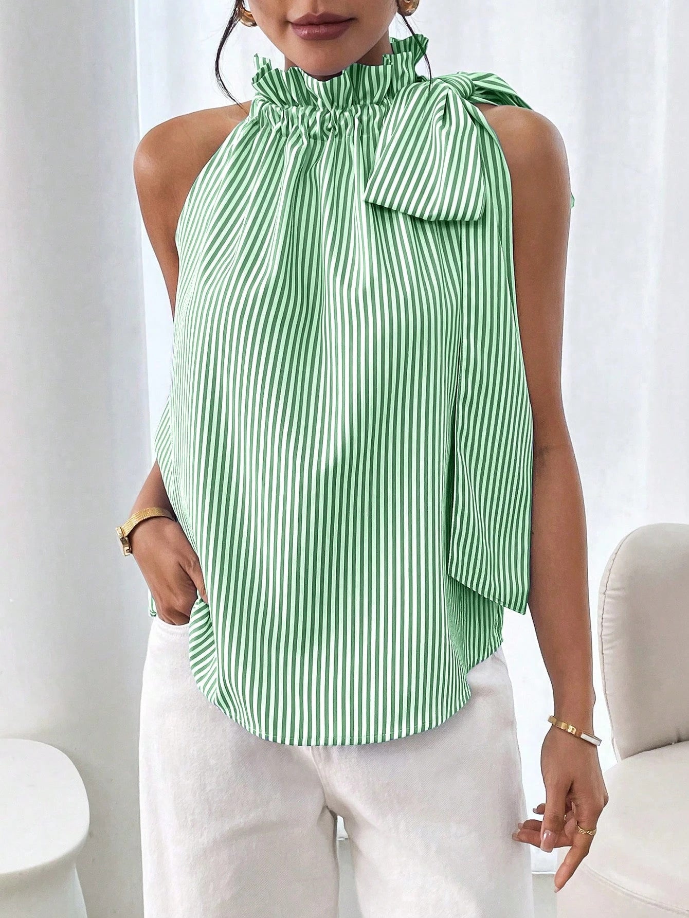 Fashion Sleeveless Striped Lace High Neck Tie Knot Women's T-shirt Top 6