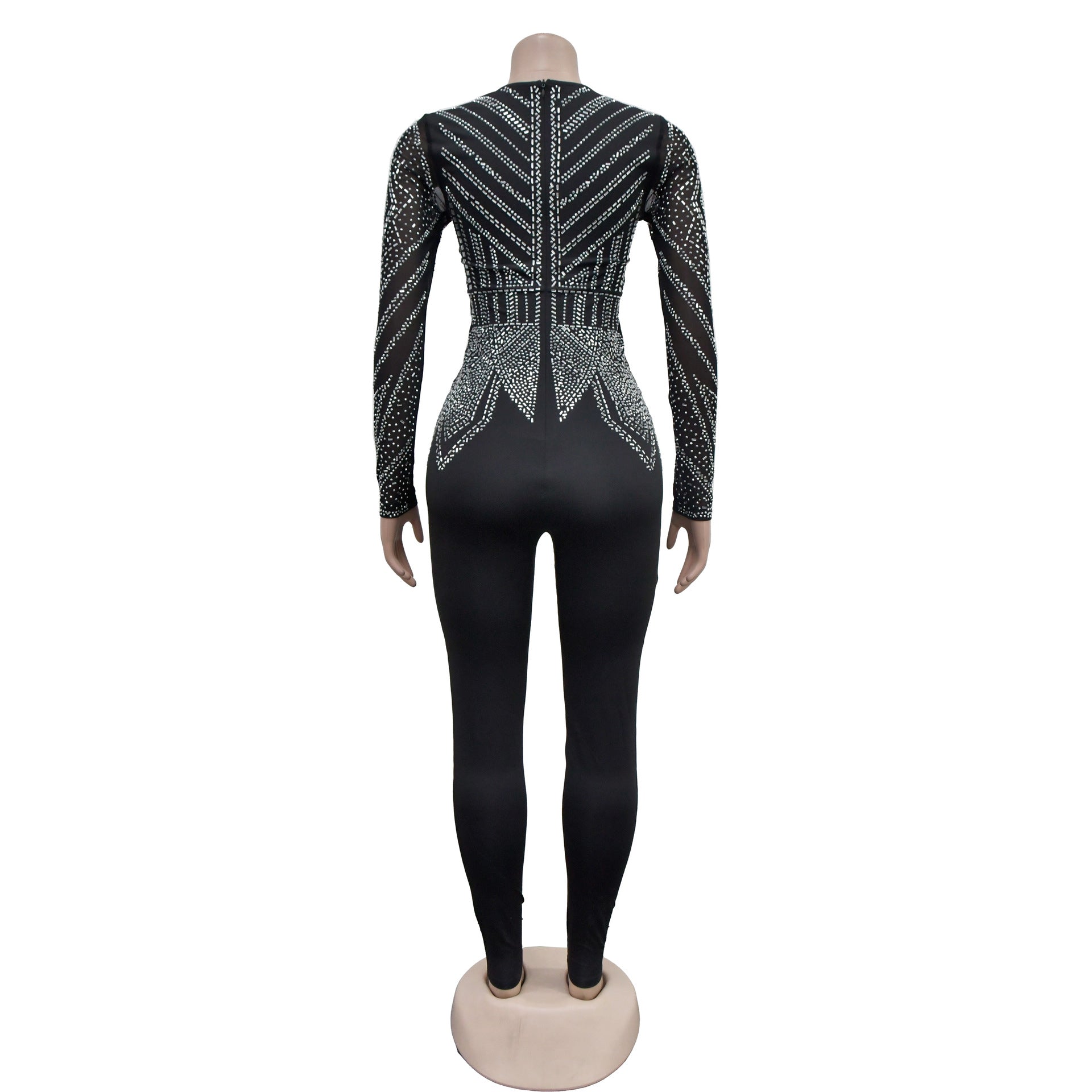 Women Solid V Neck Beaded Long Sleeve Jumpsuit 7