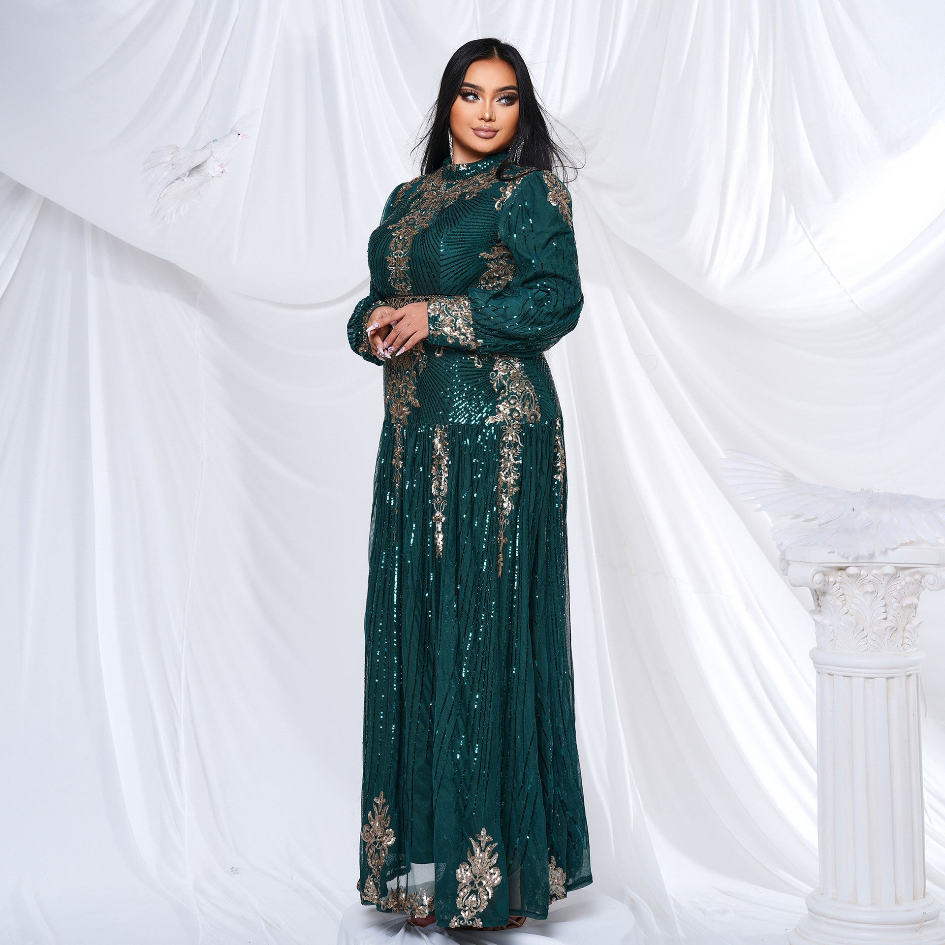 Plus Size Women Long Sleeve Round Neck Formal Party Sequin Maxi Evening Dress 5