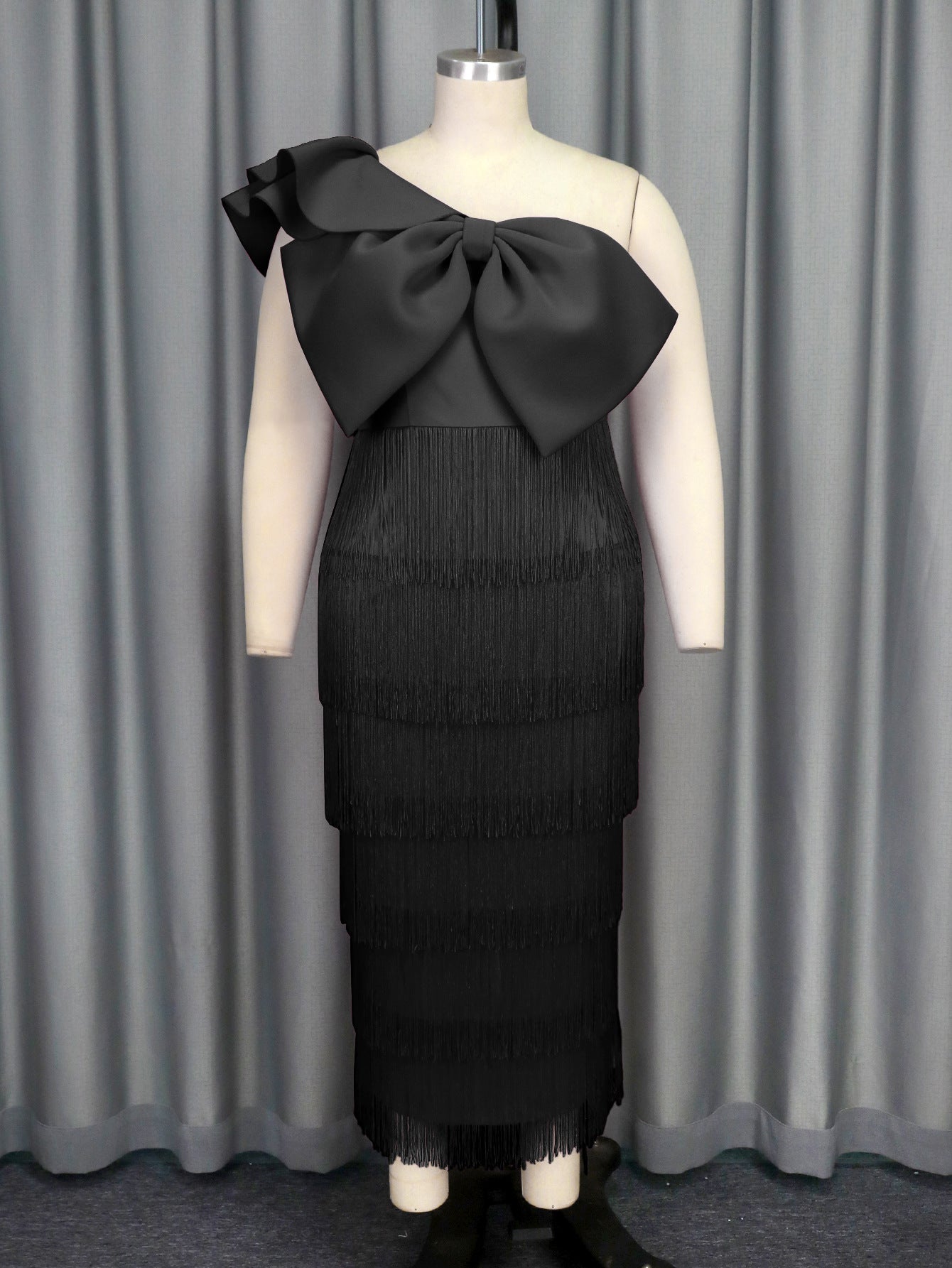 Elegant Solid Color Slash Shoulder Big Bow Fringe Formal Party Dress 3