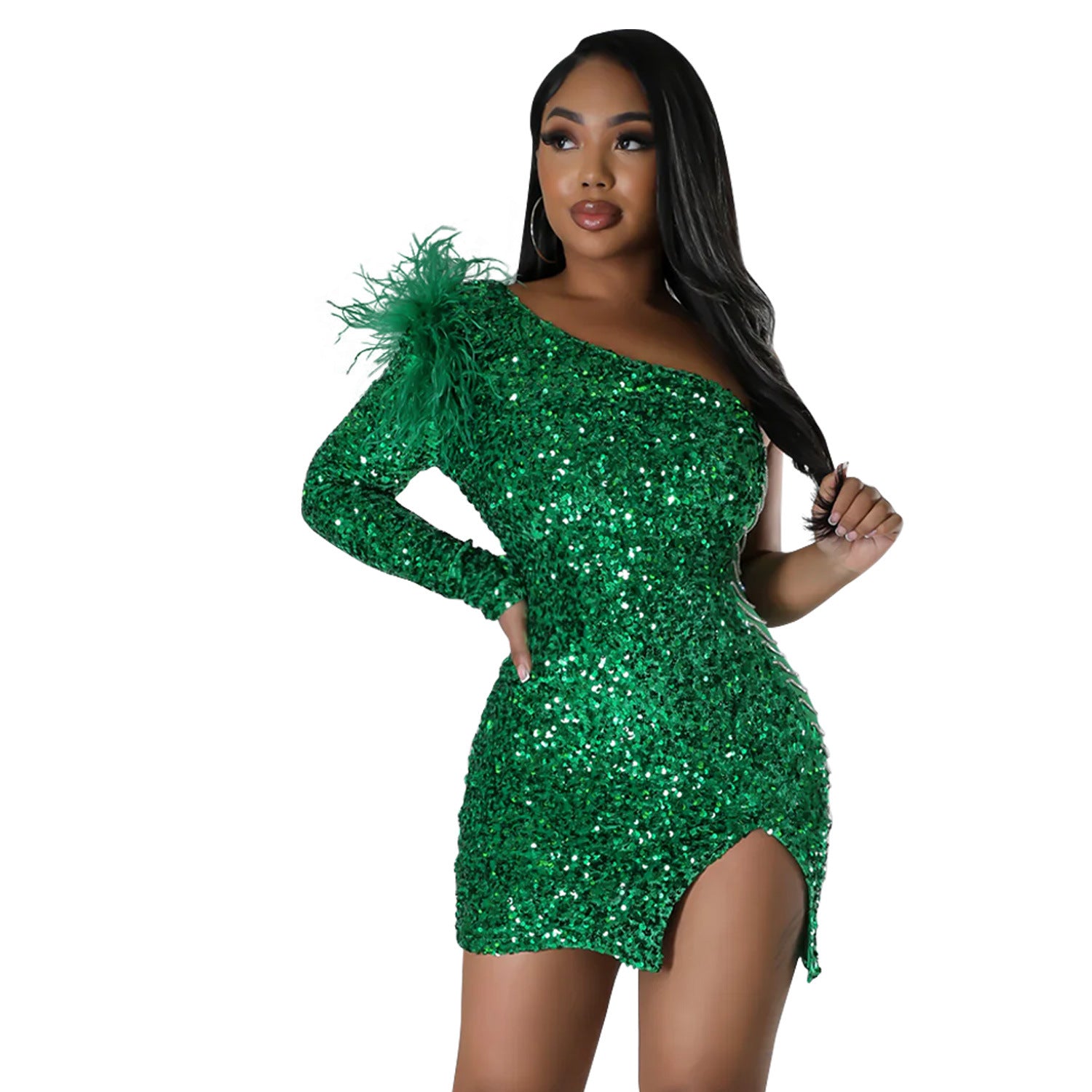 Fashion Women's Sexy One Shoulder Sequin Slit Bodycon Dress 10