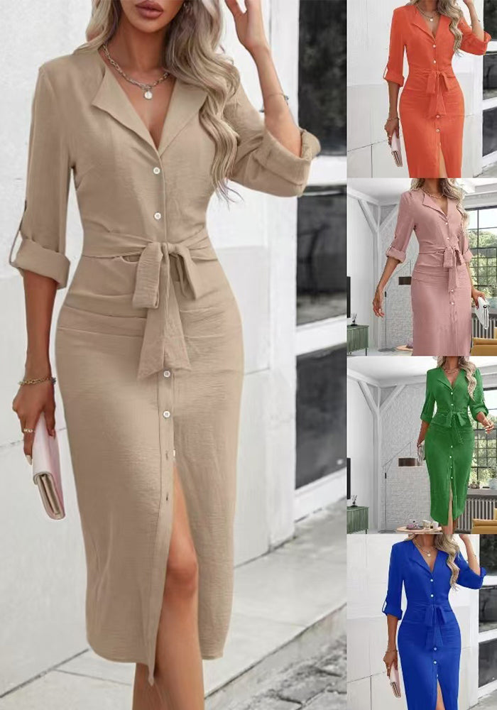 Autumn Solid Color Turndown Collar Slim Waist Belt Slit Dresses