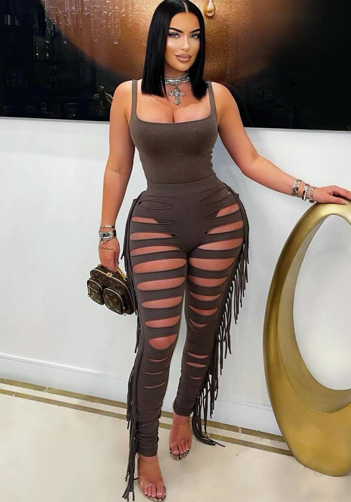 Fashion Sleeveless Bodysuit Cut Tassel and Tight Pants Set for Women