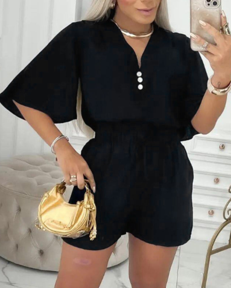 Women V-Neck Bell Bottom Sleeve Casual Top + Shorts Two-Piece Set