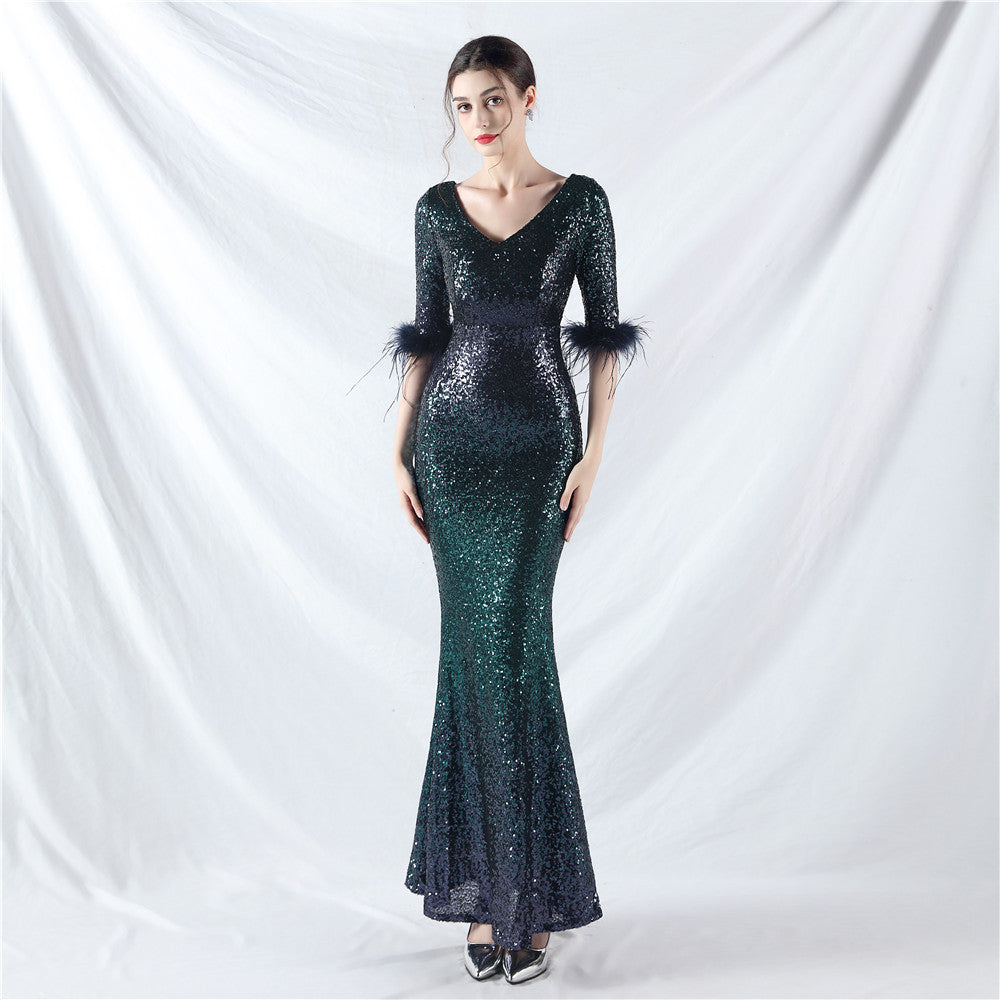Elegant V-Neck Short Lseeve Sequins Mermaid Plus Size Formal Party Evening Dress 10