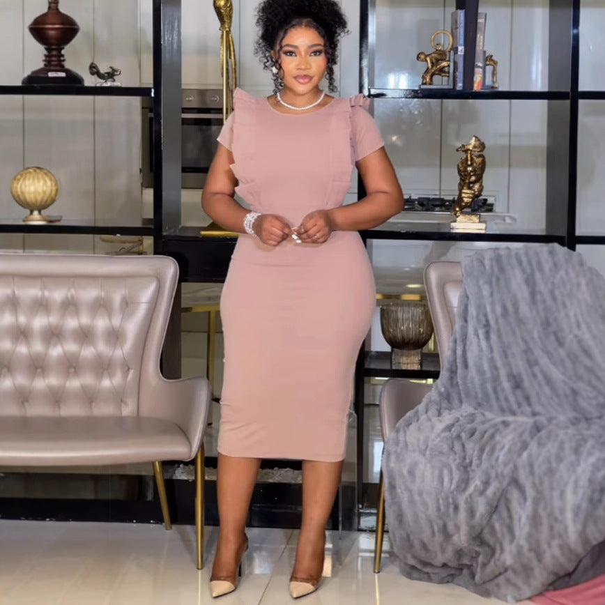 Elegant Career elastic pleated lace slim back slit Bodycon dress