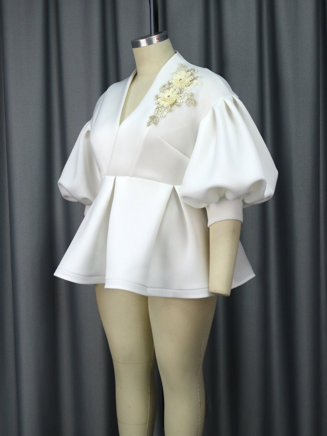 Plus Size Women Balloon Sleeves Turndown Collar Embroidered Top 4