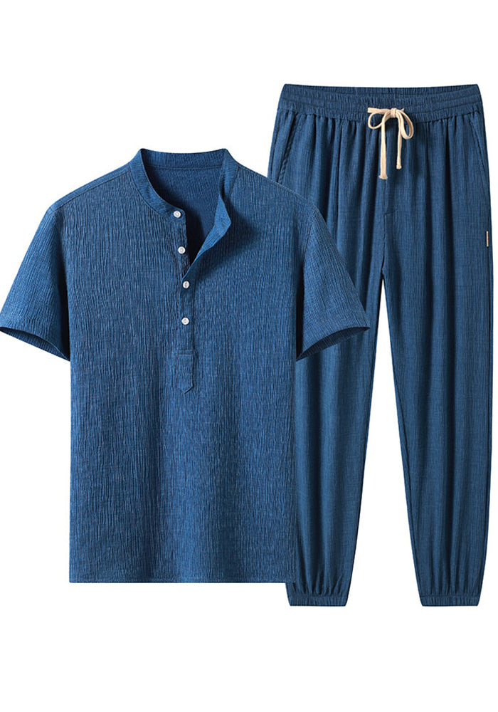 Ice Silk Short-Sleeved T-Shirt Men's Summer Ice Silk Breathable Casual Sports Linen Two Piece Pants Set
