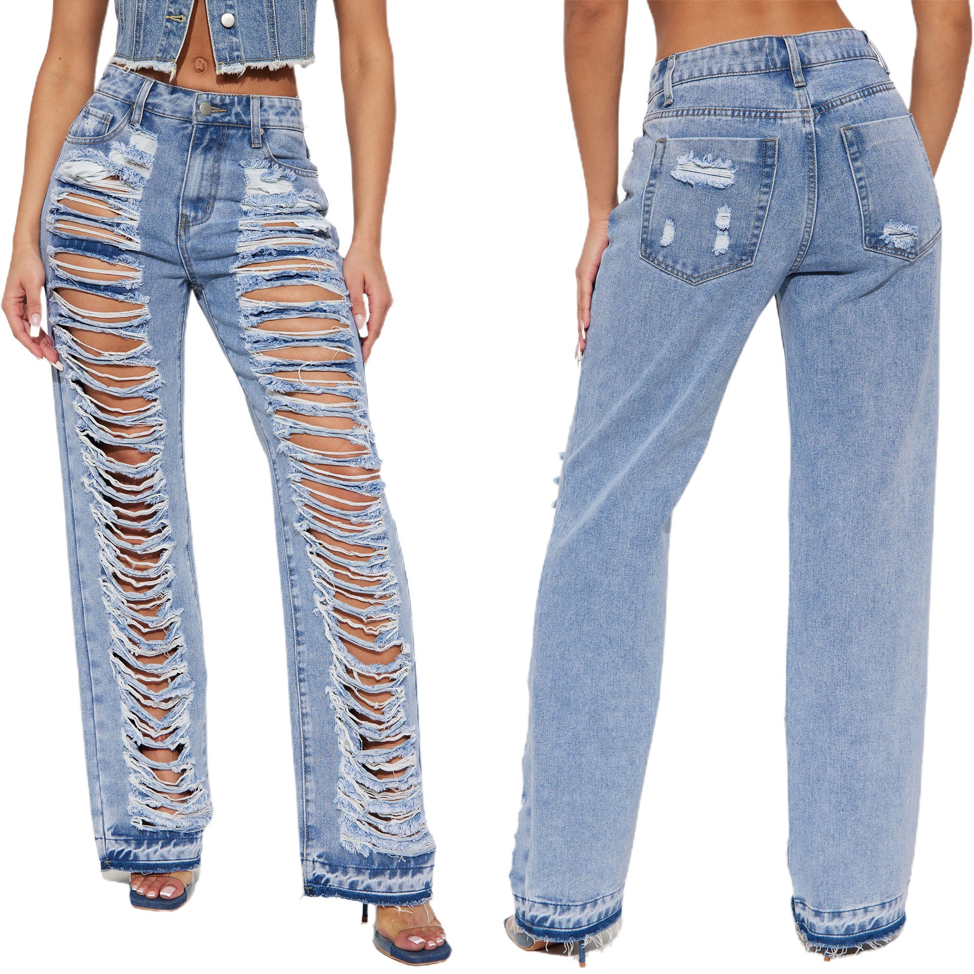 Fashion Versatile Slim Sexy Micro Stretch Ripped Micro Bell Bottom Denim Pants 3