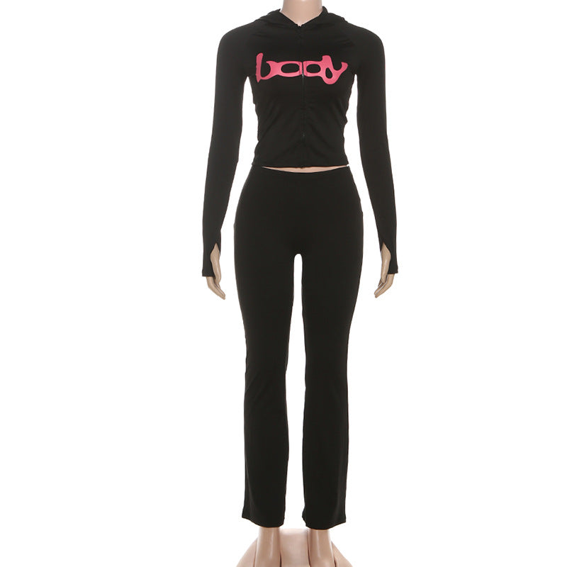 Women Fall/Winter Hooded Letter Print Zipper Top and Pants Two-Piece Set 27