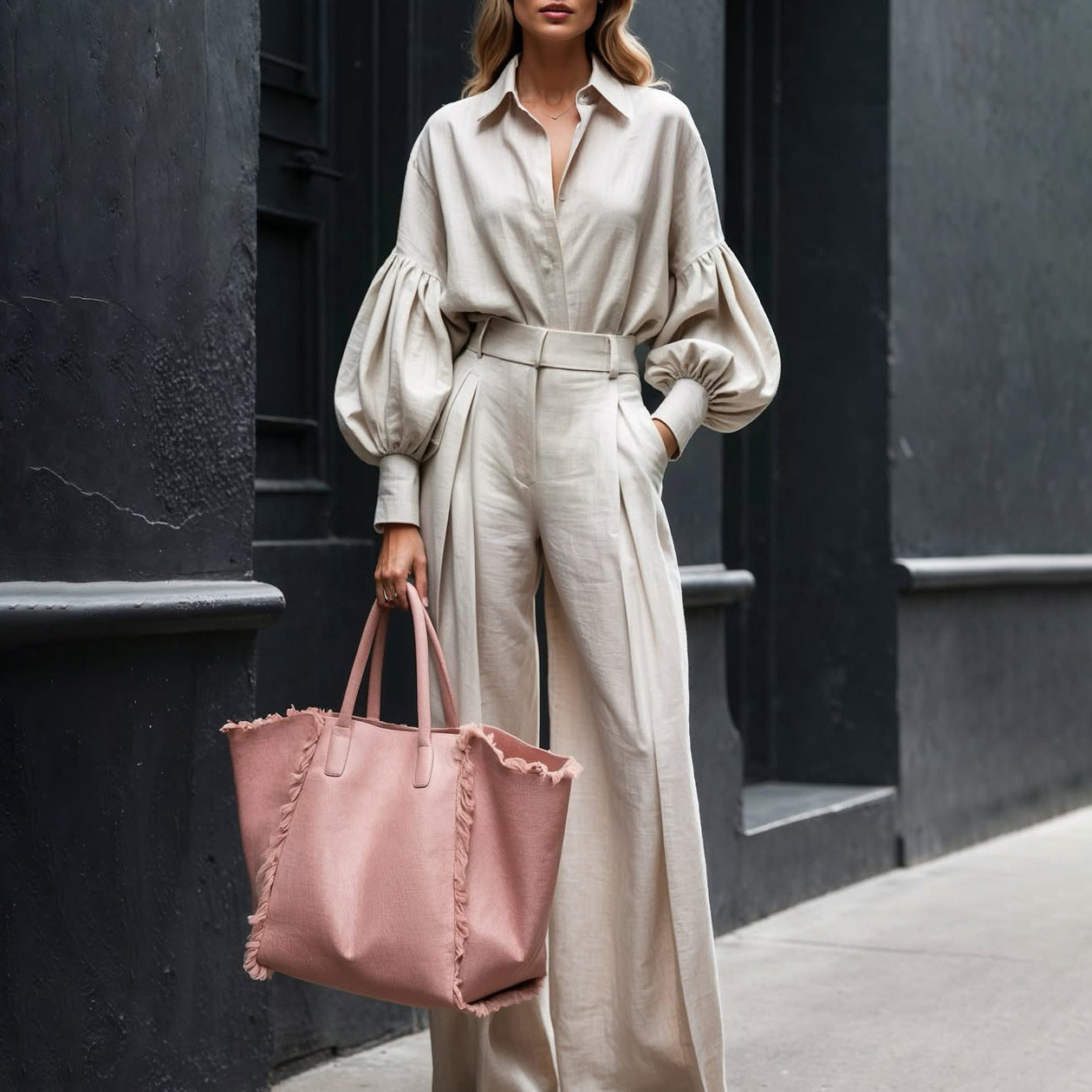Autumn Solid Long-Sleeve Shirt & Wide-Leg Pants Linen Two-Piece Set
