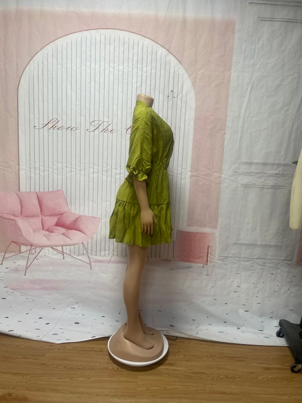 Women Solid Casual V Neck Three-quarter Sleeve Pleated Dress 11