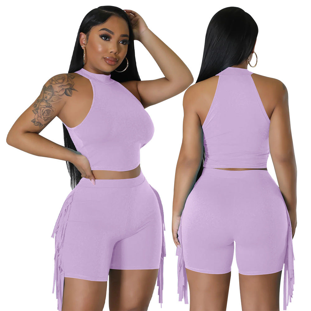 Women Sleeveless Round Neck Top and Tassel Shorts Casual Two-Piece Set 7