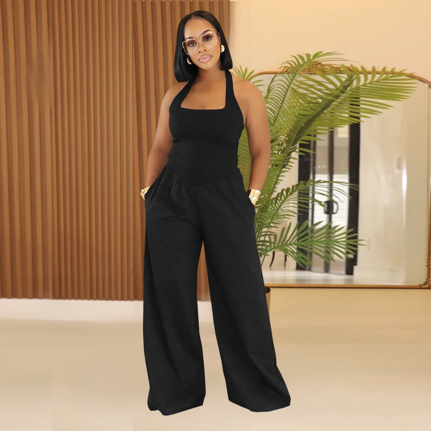 Women Casual Backless Halter Neck Solid Jumpsuit