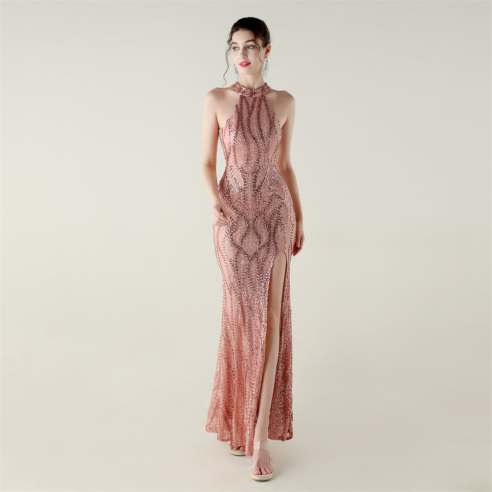 Sequin Beaded Halter Neck High Slit Fishtail Formal Party Dress 22