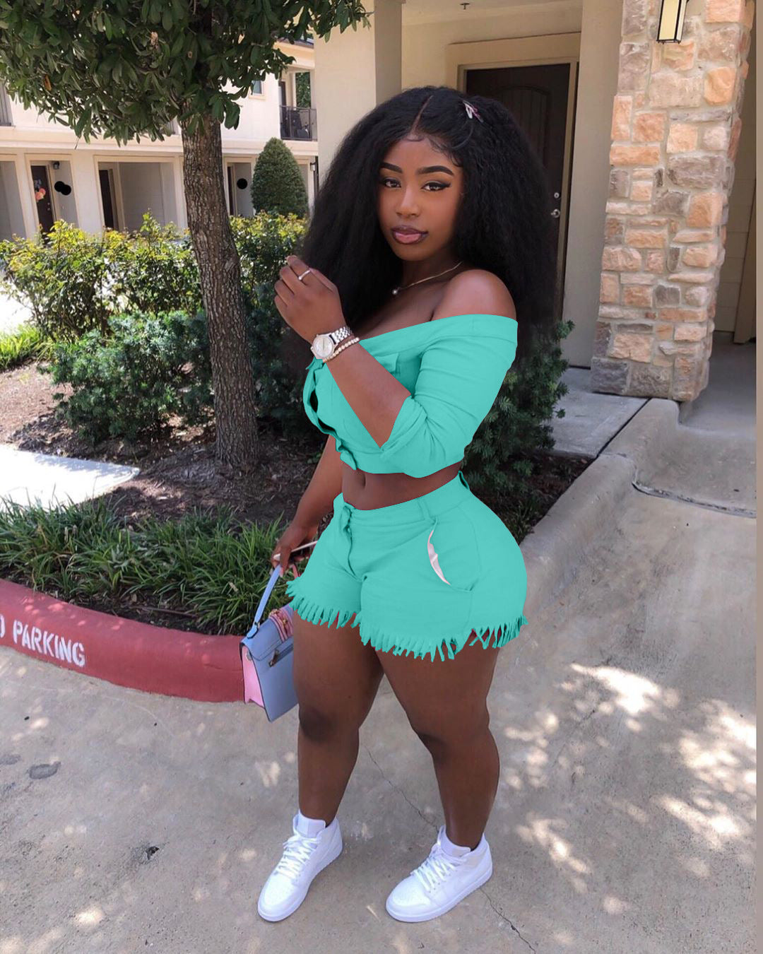 Women's Clothing High Stretch Off Shoulder Two-Piece Shorts Set 11