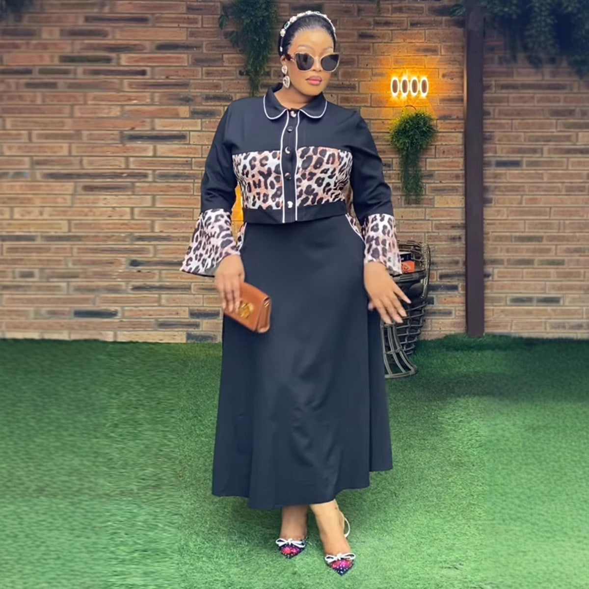 Sexy Leopard Print Patchwork Top Long Skirt Two-Piece Set 5