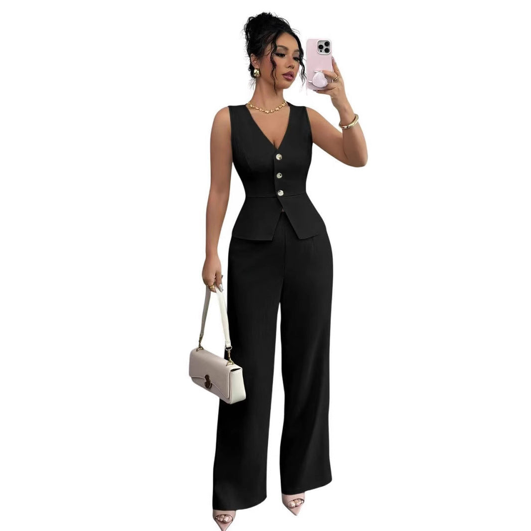 Summer Solid V-Neck Sleeveless Slim Vest High-Waist Trousers Two-Piece Set