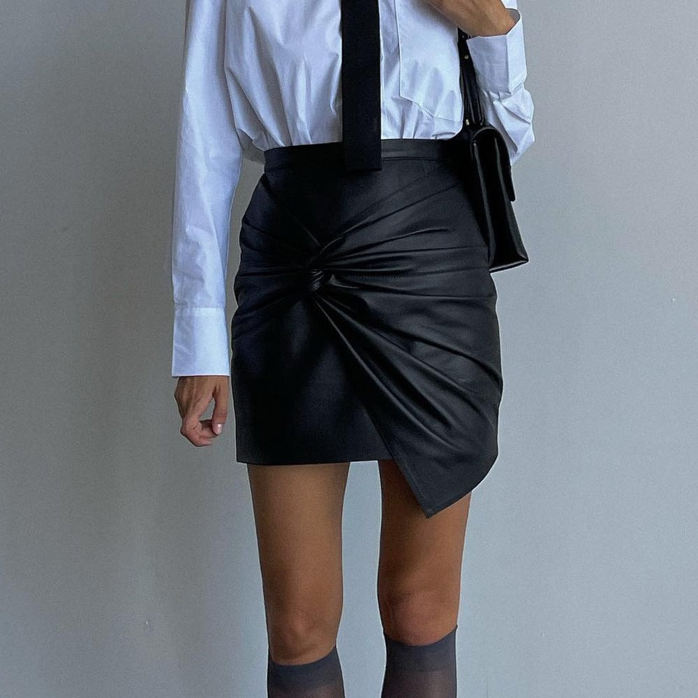 Women's Autumn Winter Street Fashion Pleats Bodycon Leather Mini Skirt 3