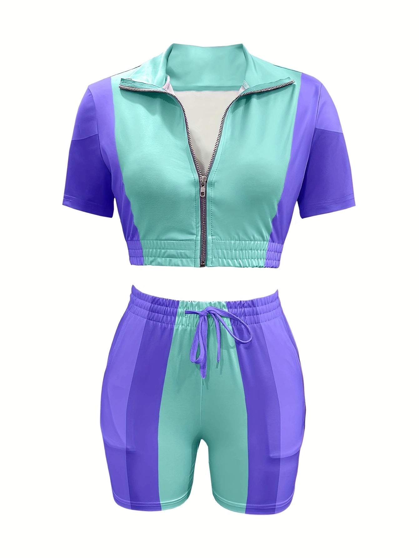 Spring and Summer Women's Zipper Elastic Short Sleeve Casual Drawstring Pocket Two-Piece Shorts Set 10