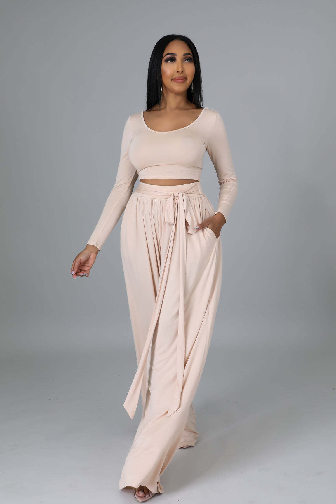 Fashion Solid Color Casual Round Neck Long-Sleeved Top Wide-Leg Trousers Two Piece Set 10