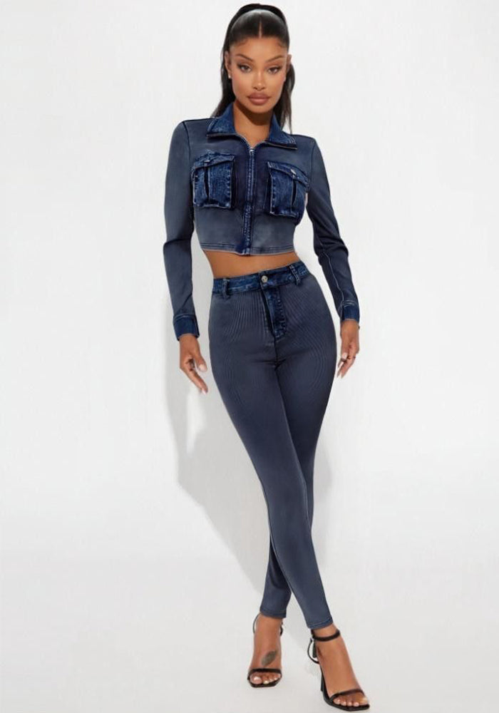 Women Denim Patchwork Ribbed Sretchy Long Sleeve Top and Pant Two-Piece Set