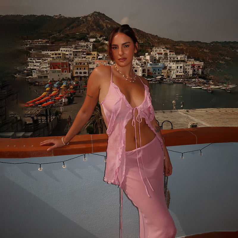 Women's Sheer Mesh and Lace Sleeveless Crop Top Skirt Set 13