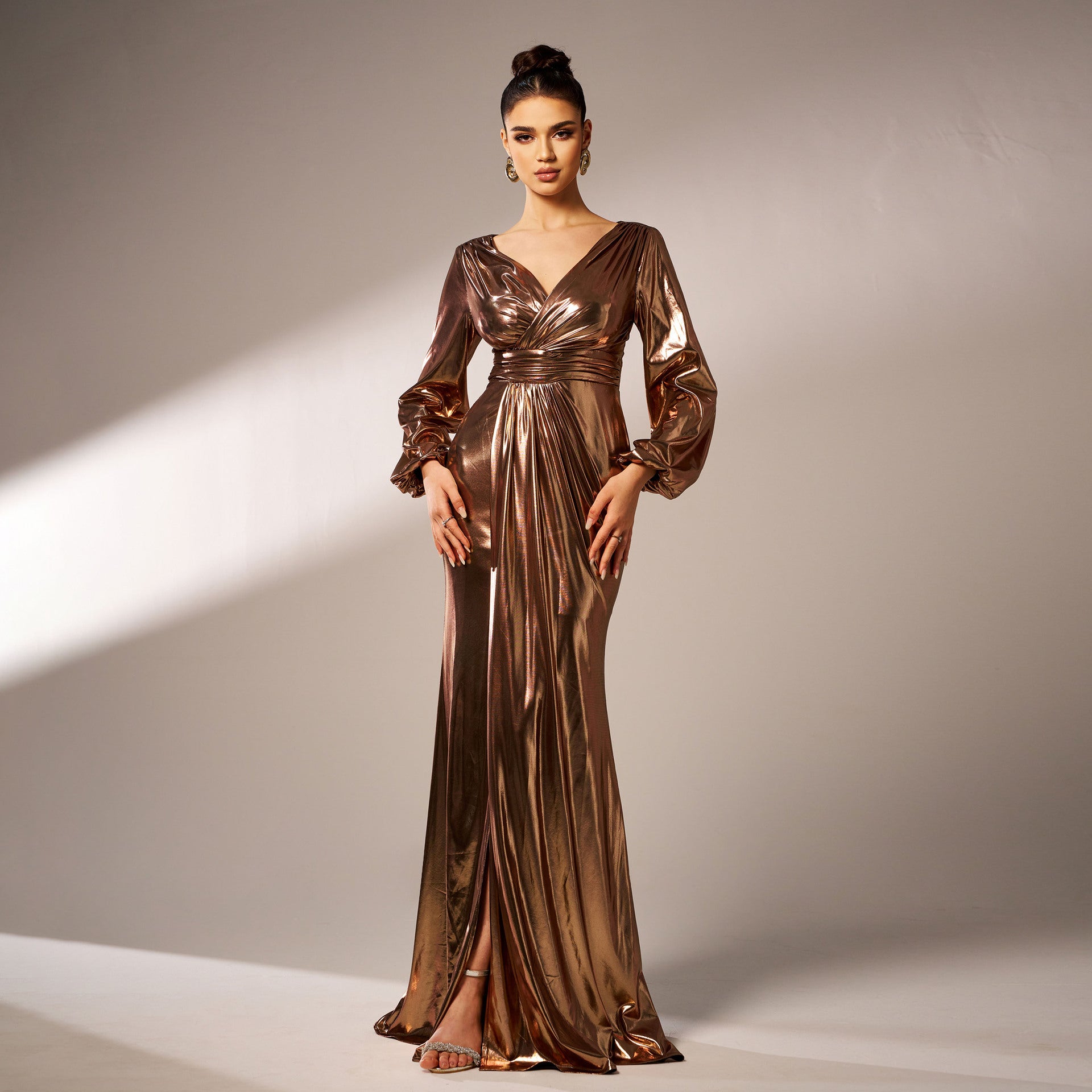 Women V-neck long sleeve Shiny Formal Party Bodycon Evening Dress