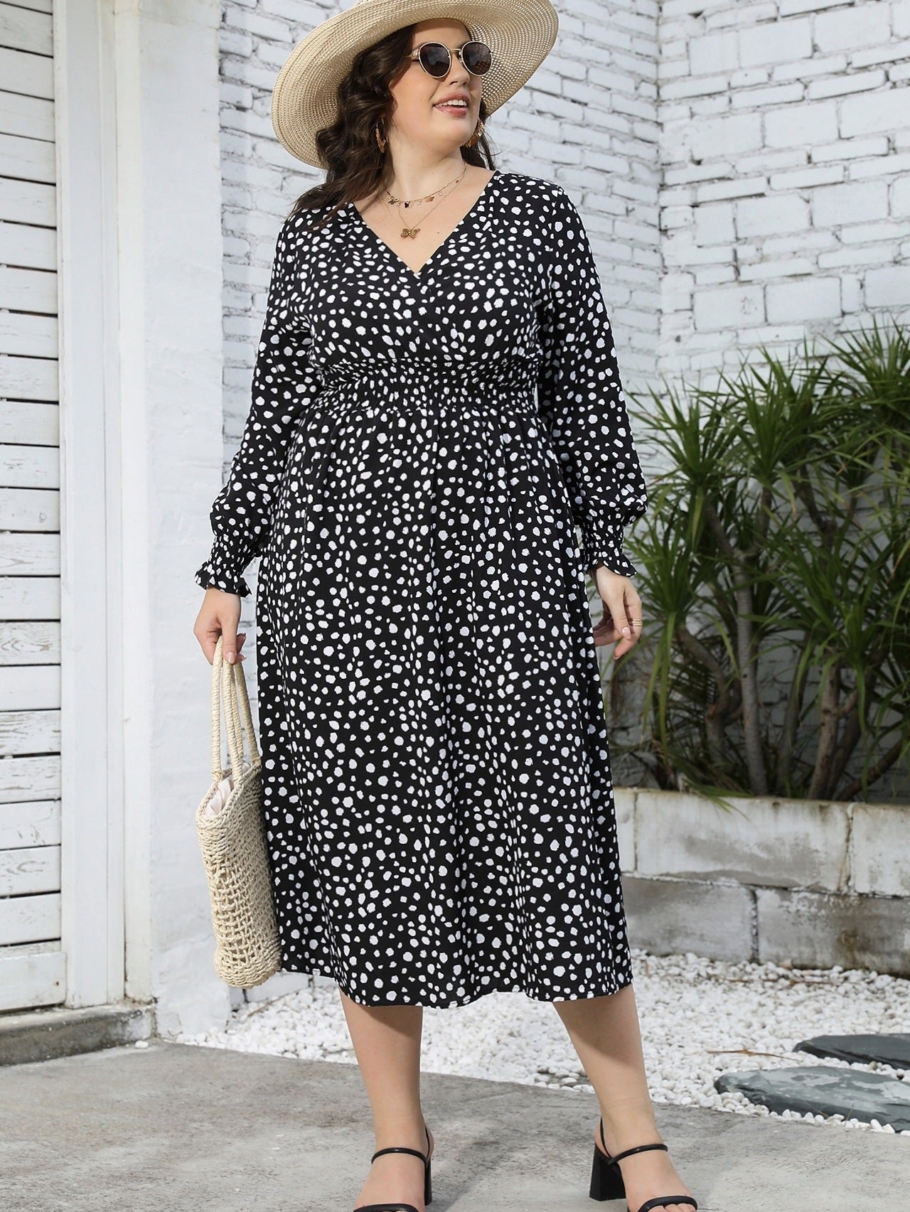 Fall Plus Size Dress Women's Printed V Neck Slim Waist Maxi Dress 4